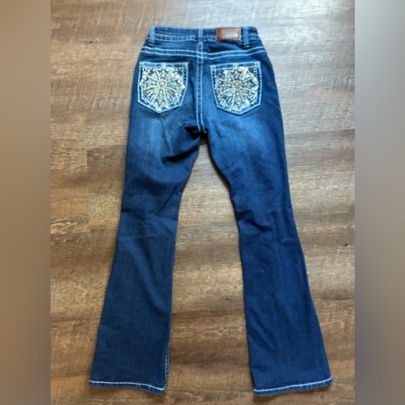 Y JEANS Los Angeles Y2K denim low rise flare distressed bling pockets cross 3/4 - Picture 5 of 15